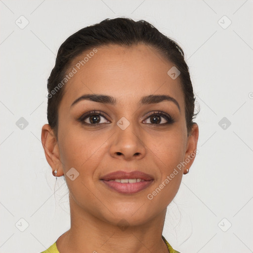 Joyful latino young-adult female with short  brown hair and brown eyes