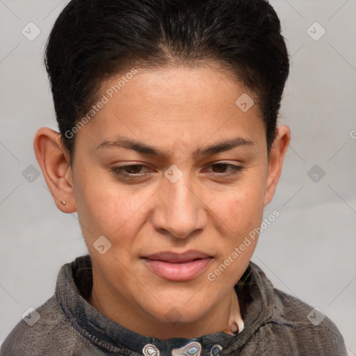 Joyful white adult female with short  brown hair and brown eyes