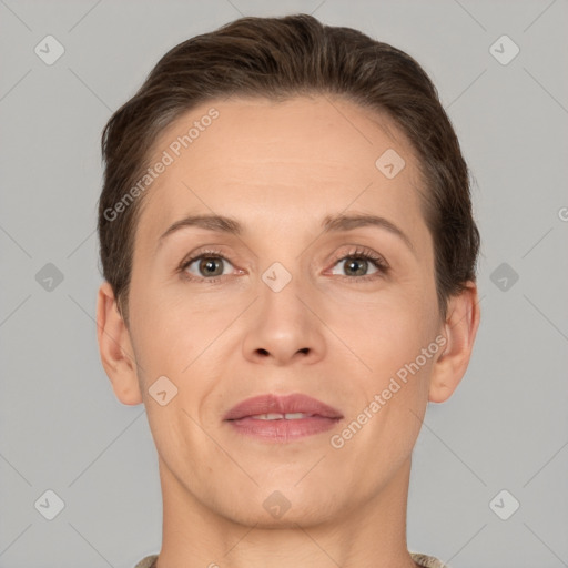 Joyful white adult female with short  brown hair and brown eyes