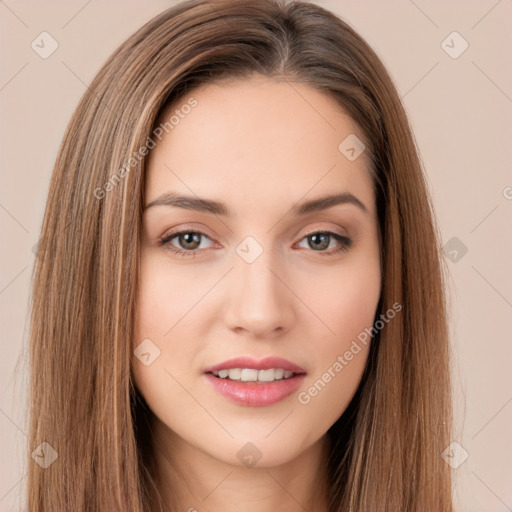 Neutral white young-adult female with long  brown hair and brown eyes