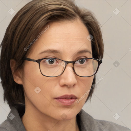 Neutral white adult female with medium  brown hair and blue eyes