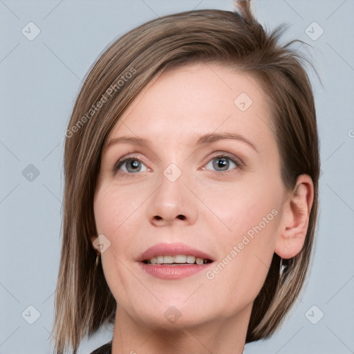 Joyful white young-adult female with medium  brown hair and blue eyes