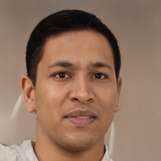 Neutral latino young-adult male with short  brown hair and brown eyes
