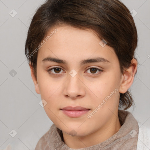 Neutral white young-adult female with short  brown hair and brown eyes