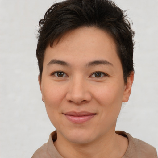 Joyful asian young-adult female with short  brown hair and brown eyes