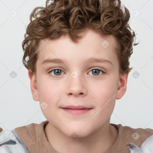 Joyful white child male with short  brown hair and grey eyes