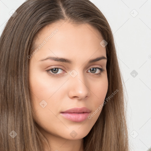 Neutral white young-adult female with long  brown hair and brown eyes