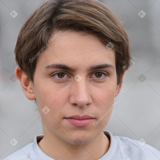 Neutral white young-adult male with short  brown hair and grey eyes