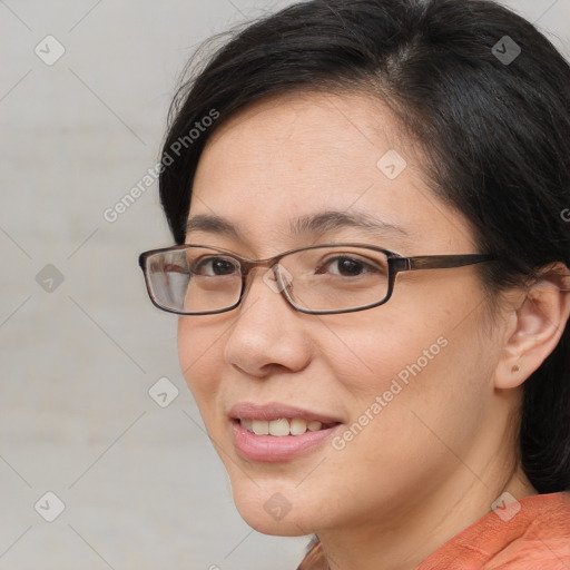 Joyful white young-adult female with medium  brown hair and brown eyes