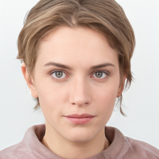 Neutral white young-adult female with medium  brown hair and blue eyes