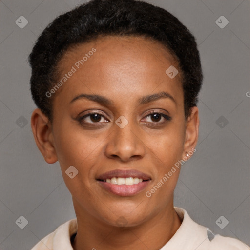 Joyful latino young-adult female with short  brown hair and brown eyes