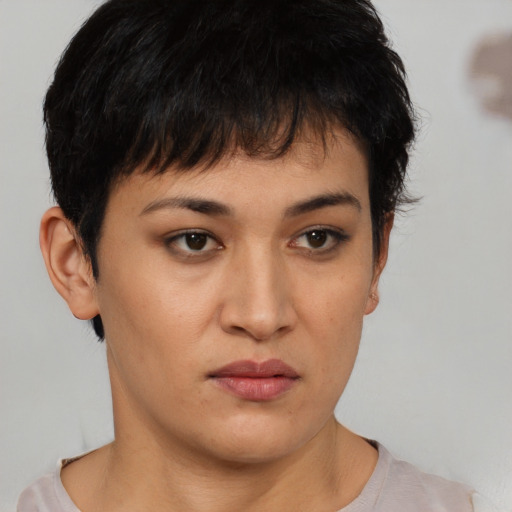Neutral asian young-adult female with short  black hair and brown eyes