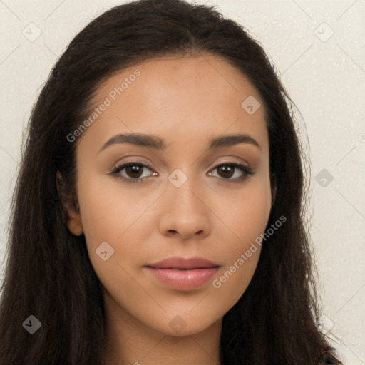 Neutral latino young-adult female with long  brown hair and brown eyes