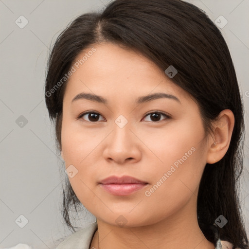 Neutral white young-adult female with medium  brown hair and brown eyes