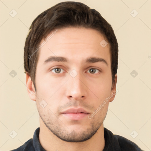 Neutral white young-adult male with short  brown hair and brown eyes