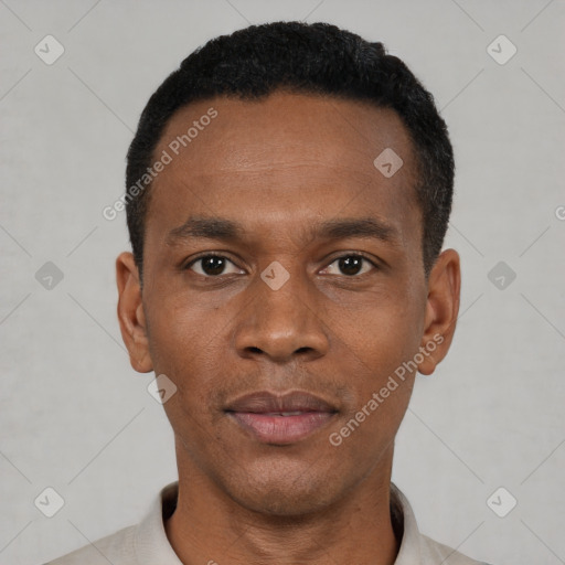 Neutral black young-adult male with short  black hair and brown eyes
