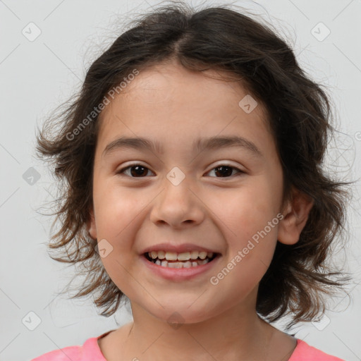 Joyful white child female with medium  brown hair and brown eyes