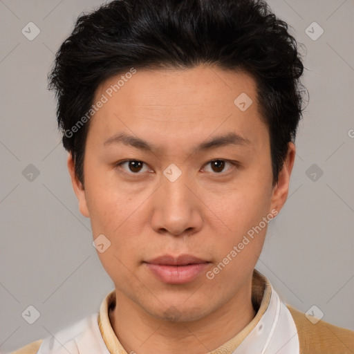 Neutral asian young-adult male with short  black hair and brown eyes