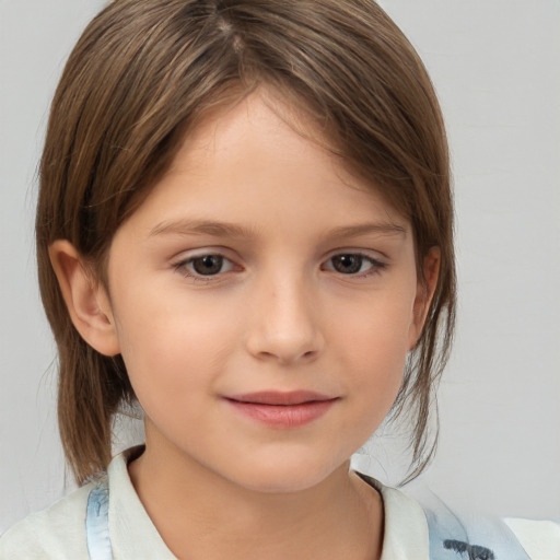 Joyful white child female with medium  brown hair and brown eyes