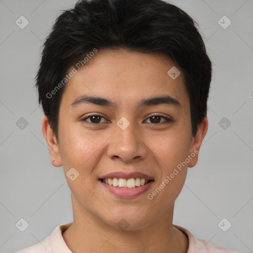 Joyful asian young-adult female with short  brown hair and brown eyes