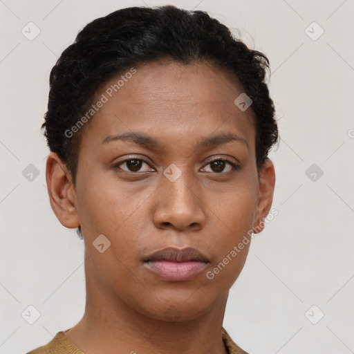 Neutral black young-adult female with short  brown hair and brown eyes