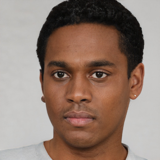 Neutral black young-adult male with short  black hair and brown eyes