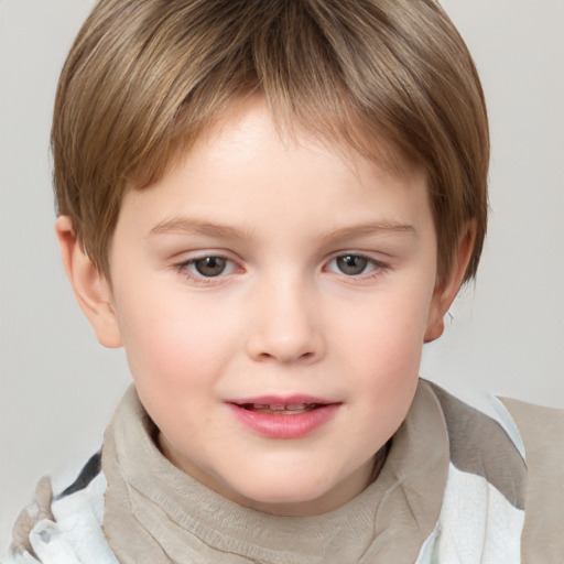 Joyful white child female with short  brown hair and grey eyes