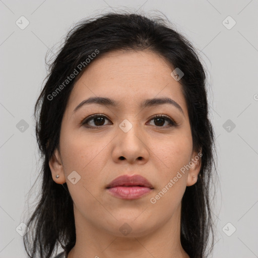 Neutral asian young-adult female with long  brown hair and brown eyes