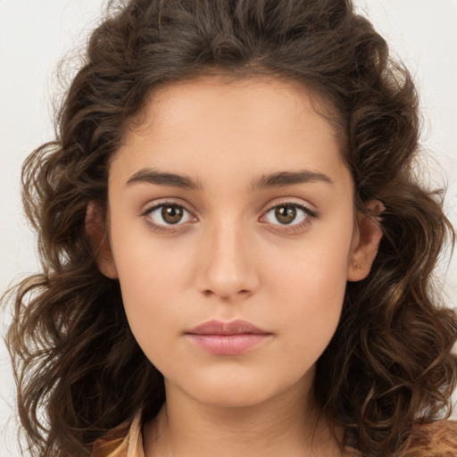 Neutral white young-adult female with long  brown hair and brown eyes