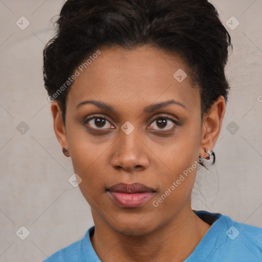 Neutral black young-adult female with short  brown hair and brown eyes