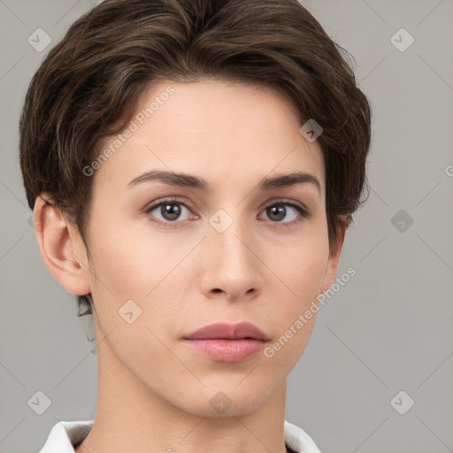 Neutral white young-adult female with short  brown hair and brown eyes