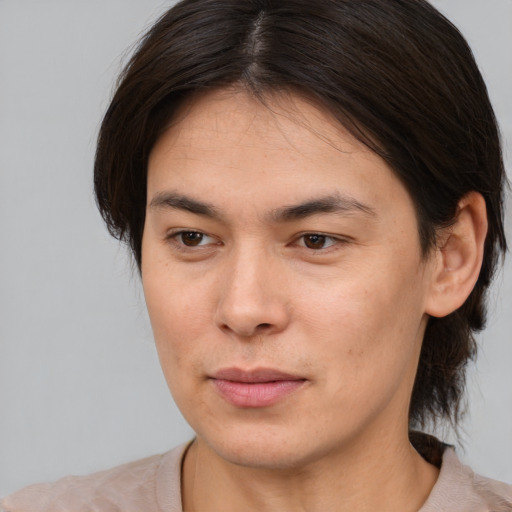 Neutral asian young-adult female with medium  brown hair and brown eyes