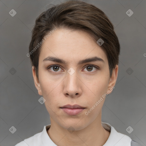 Neutral white young-adult female with short  brown hair and brown eyes