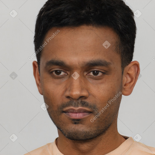 Neutral latino young-adult male with short  black hair and brown eyes