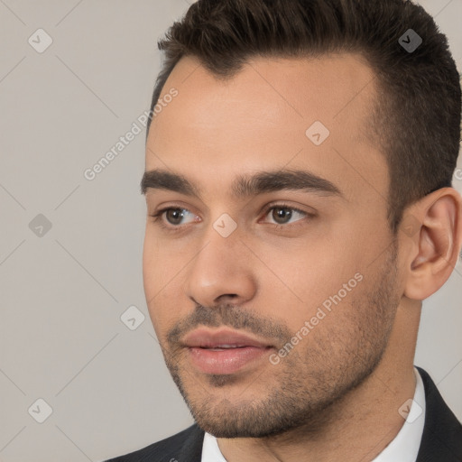 Neutral white young-adult male with short  brown hair and brown eyes