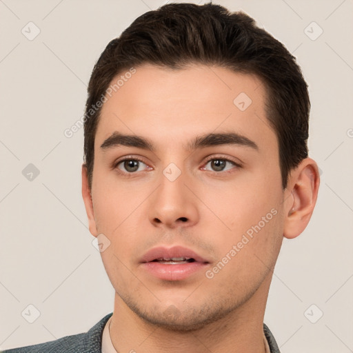 Neutral white young-adult male with short  brown hair and brown eyes