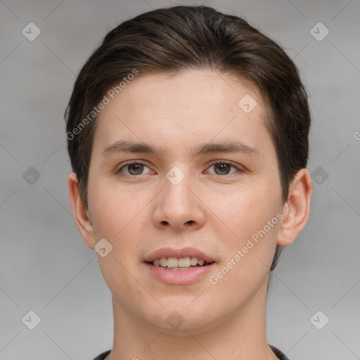 Joyful white young-adult female with short  brown hair and brown eyes