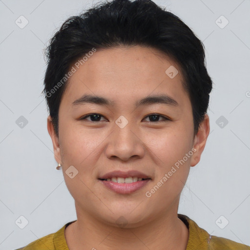 Joyful asian young-adult male with short  brown hair and brown eyes