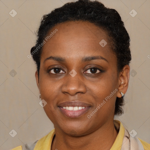 Joyful latino young-adult female with short  brown hair and brown eyes