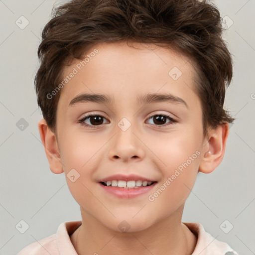 Joyful white child male with short  brown hair and brown eyes