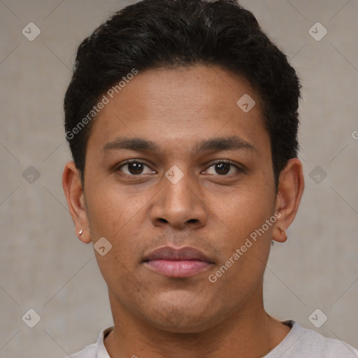 Neutral latino young-adult male with short  brown hair and brown eyes