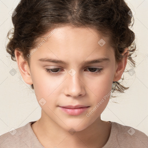 Joyful white child female with short  brown hair and brown eyes