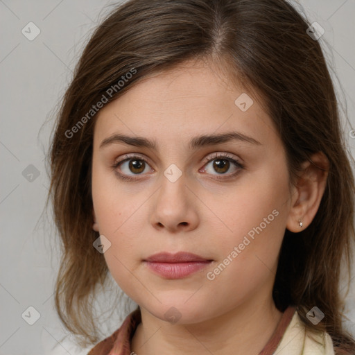 Neutral white young-adult female with medium  brown hair and brown eyes