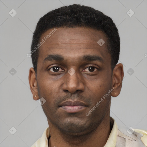 Neutral black young-adult male with short  black hair and brown eyes