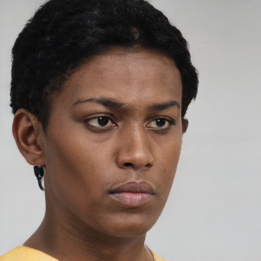 Neutral black young-adult female with short  brown hair and brown eyes