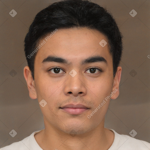 Neutral asian young-adult male with short  black hair and brown eyes