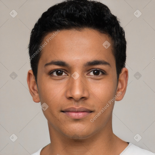 Neutral latino young-adult male with short  black hair and brown eyes