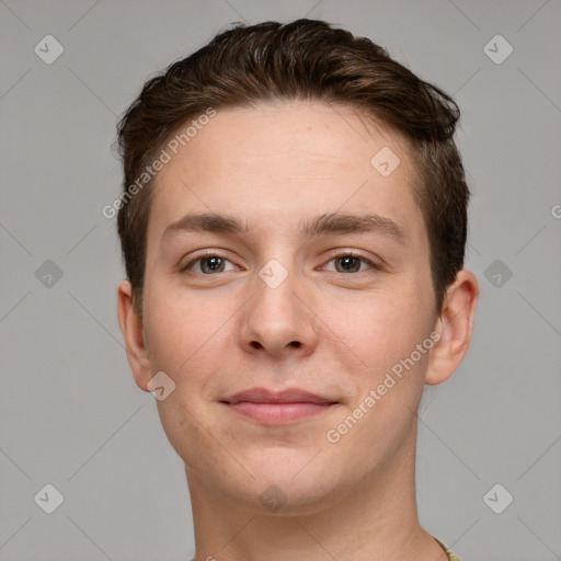 Neutral white young-adult male with short  brown hair and grey eyes