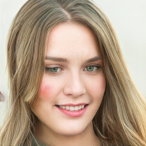 Joyful white young-adult female with long  brown hair and green eyes