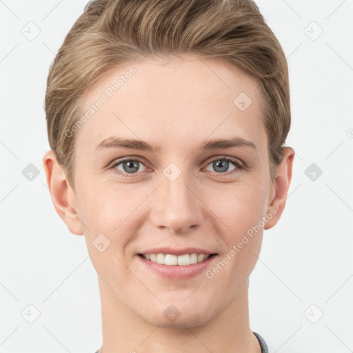 Joyful white young-adult female with short  brown hair and grey eyes